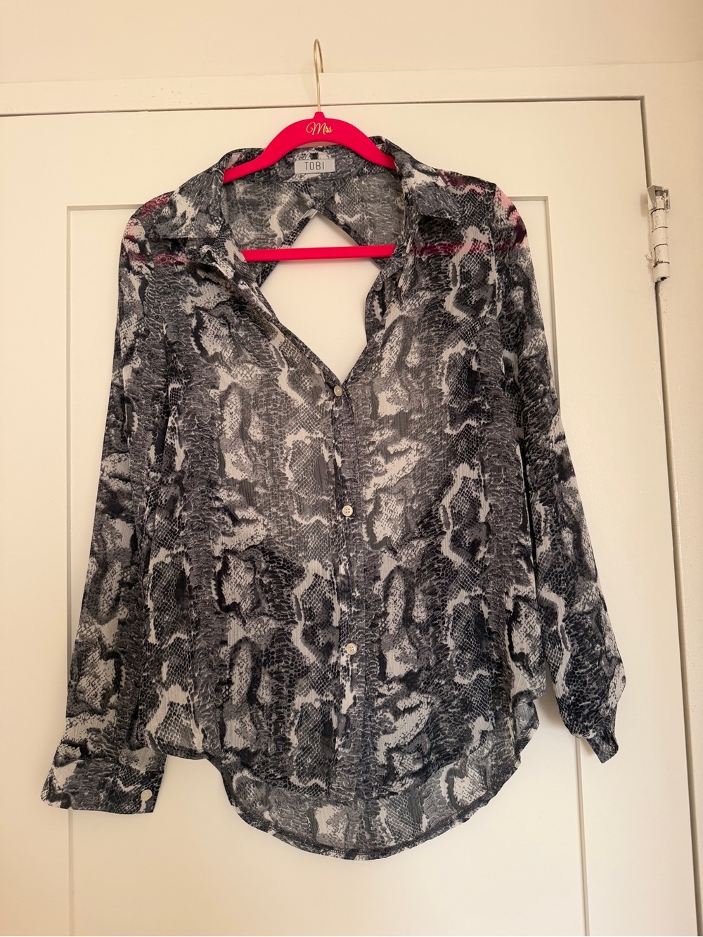 Tobi Black & White Snake-Print Sheer Button-Down Blouse